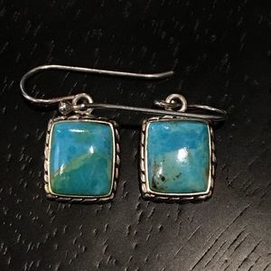 BARSE Turquoise Sterling Silver Rope Braid Around The Edges Drop Dangle Earrings